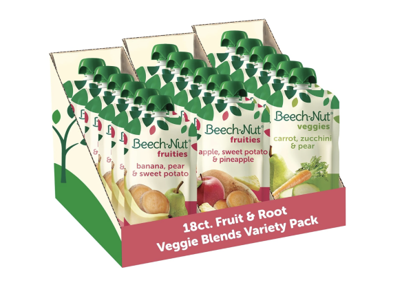 Beech-Nut Food Variety Pack, Fruit & Root Veggie Blends Baby Food Pouches, Fruit & Veggie Purees, 3.5oz (18 Pack)
